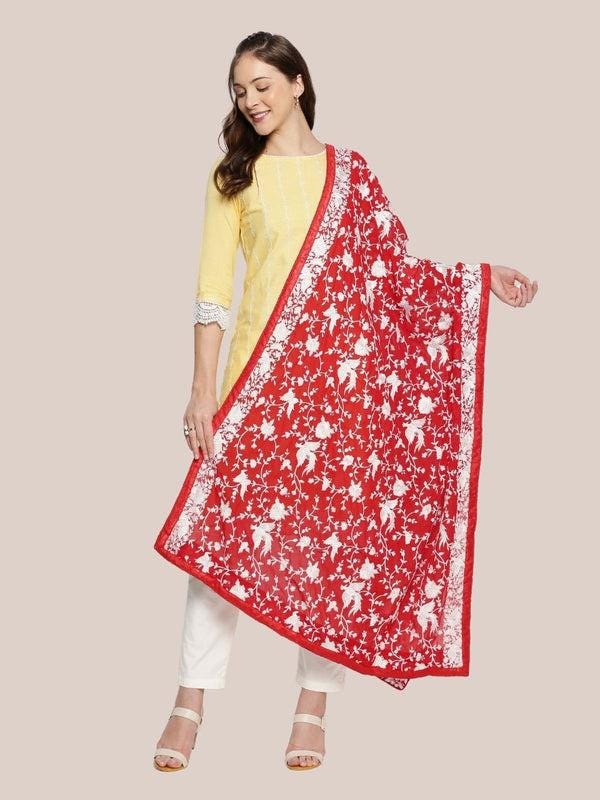 Machine Embroidered Parsi Gara Work Georgette Dupatta White Thread Work Red Stole/Shawl