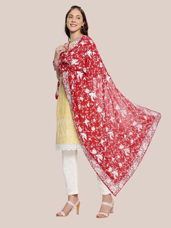 Machine Embroidered Parsi Gara Work Georgette Dupatta White Thread Work Red Stole/Shawl