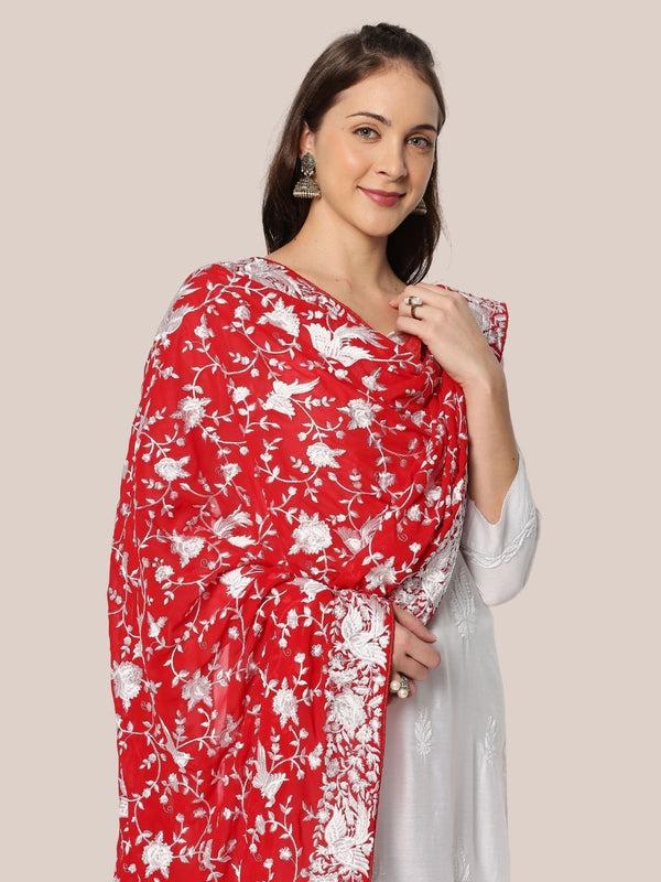 Machine Embroidered Parsi Gara Work Georgette Dupatta White Thread Work Red Stole/Shawl