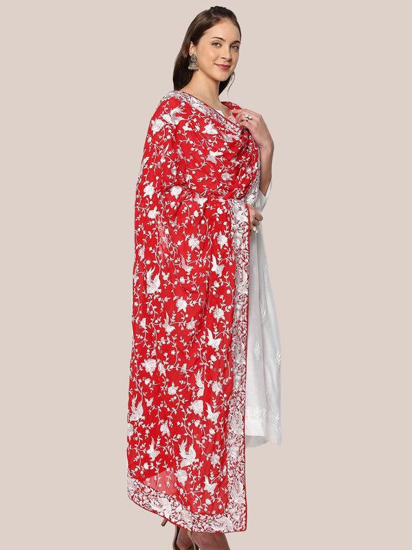 Machine Embroidered Parsi Gara Work Georgette Dupatta White Thread Work Red Stole/Shawl