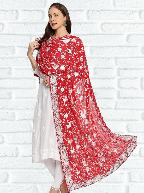 Machine Embroidered Parsi Gara Work Georgette Dupatta White Thread Work Red Stole/Shawl