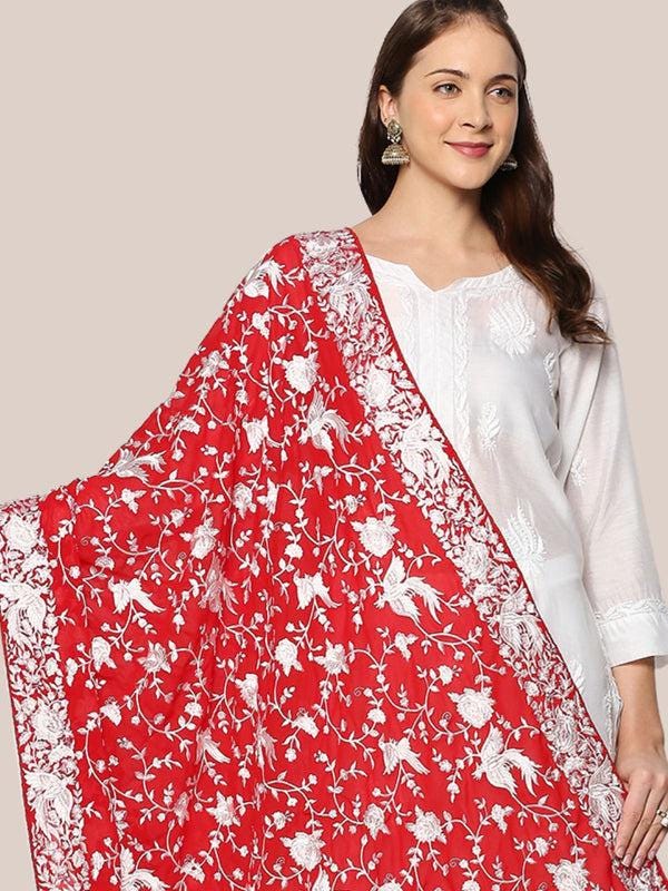 Machine Embroidered Parsi Gara Work Georgette Dupatta White Thread Work Red Stole/Shawl