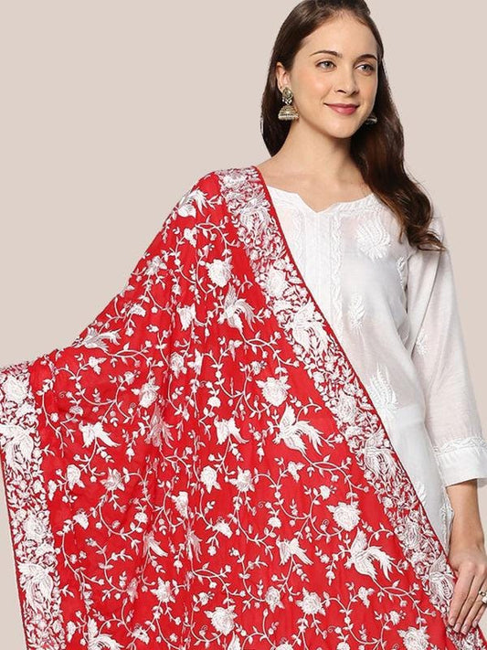Machine Embroidered Parsi Gara Work Georgette Dupatta White Thread Work Red Stole/Shawl