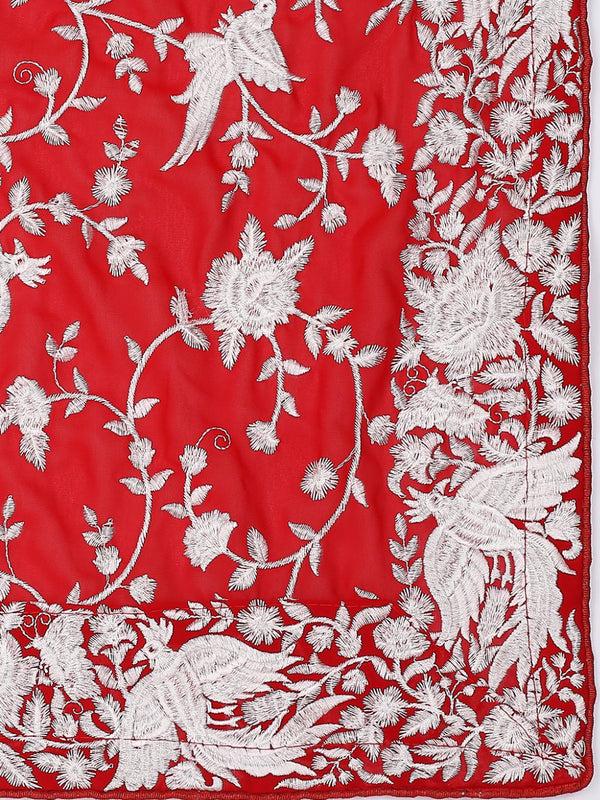 Machine Embroidered Parsi Gara Work Georgette Dupatta White Thread Work Red Stole/Shawl