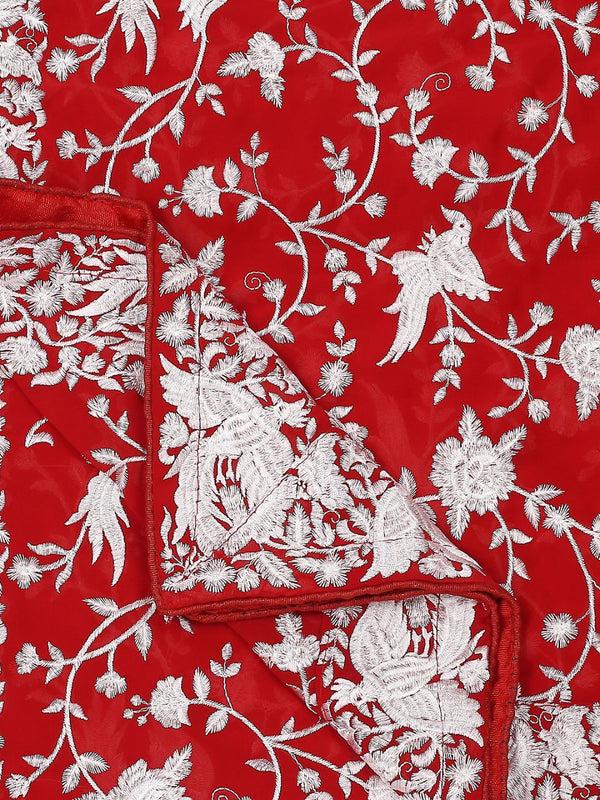 Machine Embroidered Parsi Gara Work Georgette Dupatta White Thread Work Red Stole/Shawl
