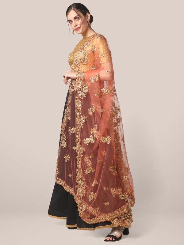 Peach Embroidered Net Dupatta with Cutwork stole/shawl