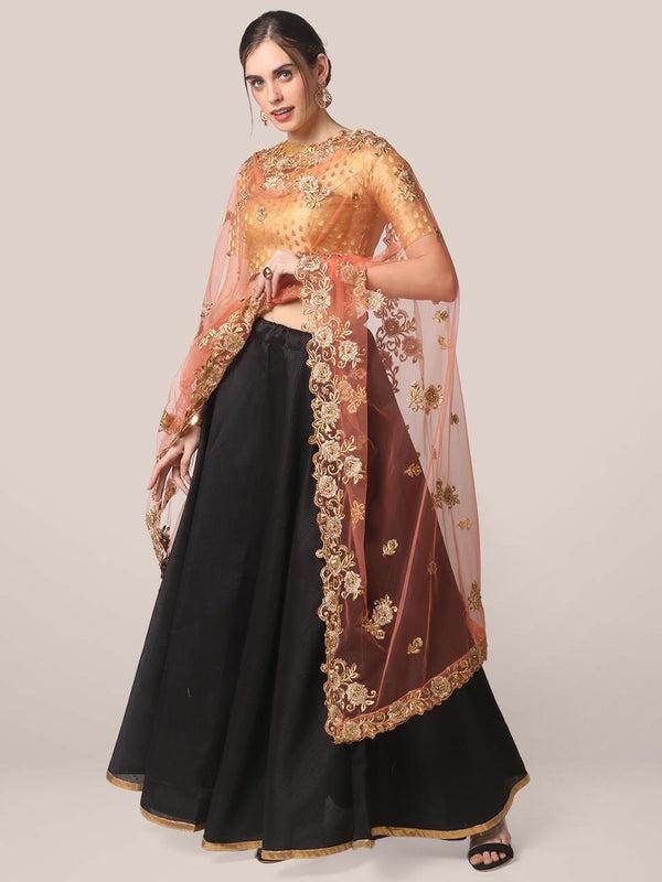 Peach Embroidered Net Dupatta with Cutwork stole/shawl