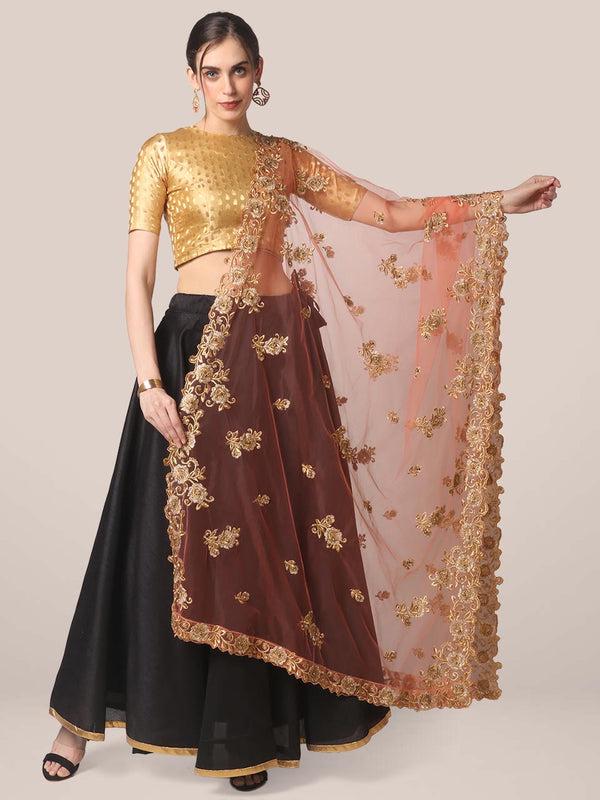 Peach Embroidered Net Dupatta with Cutwork stole/shawl