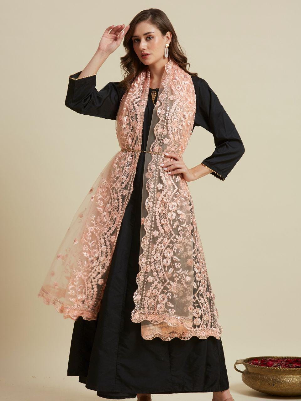 Embroidered Net Dupatta with Intricate Cutwork Border stole/shawl