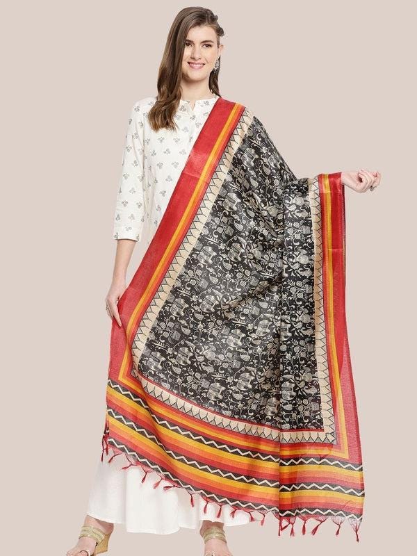 Ethnic Black and White Printed Art Silk Dupatta/shawl/stole