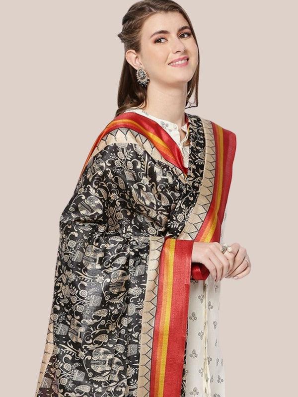 Ethnic Black and White Printed Art Silk Dupatta/shawl/stole