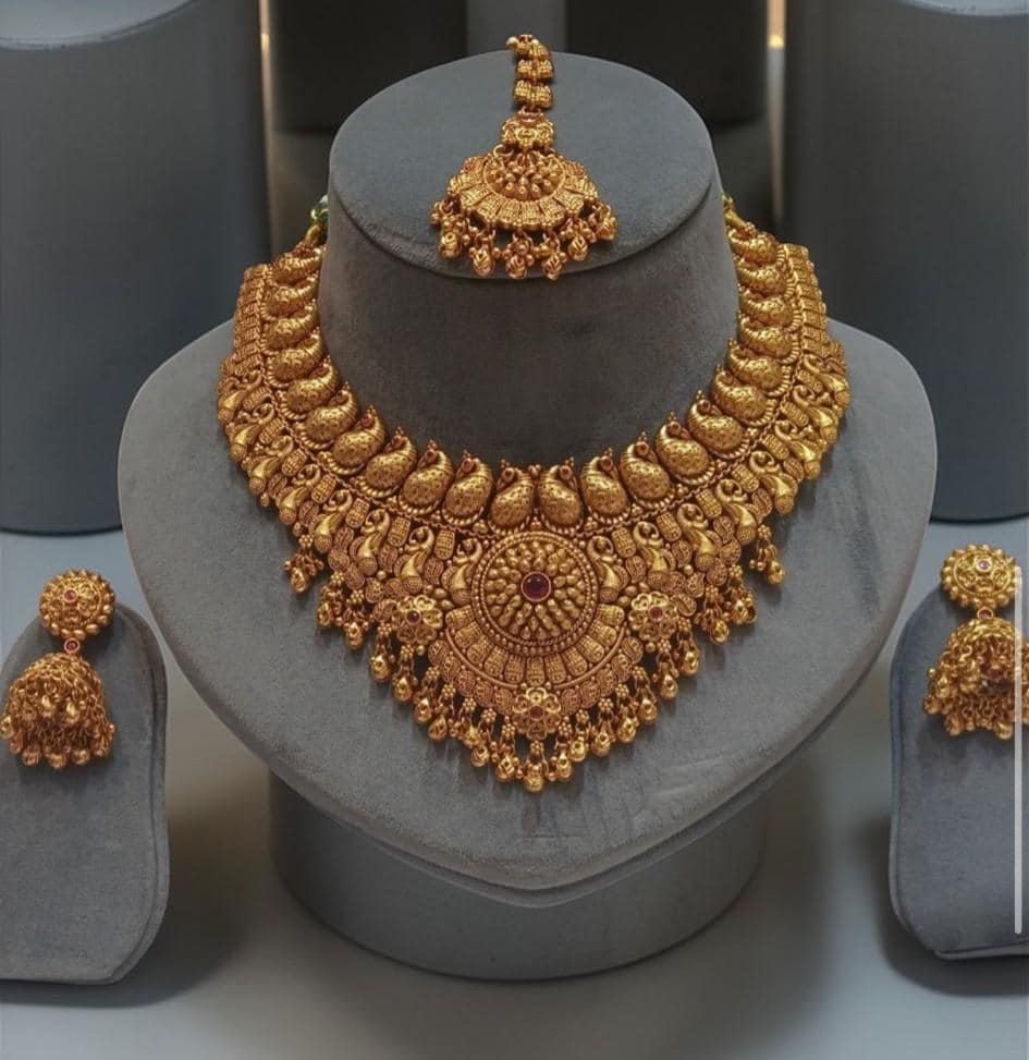 Bridal Handcrafted Antique Gold Polished Necklace Set, Real Gold Copy