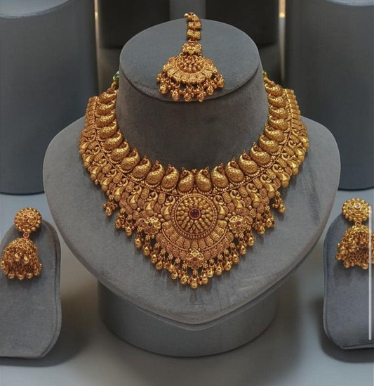 Bridal Handcrafted Antique Gold Polished Necklace Set, Real Gold Copy