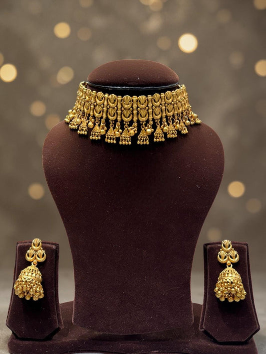 Handcrafted Antique Gold Choker Necklace Set, Temple Style, Real Gold Copy