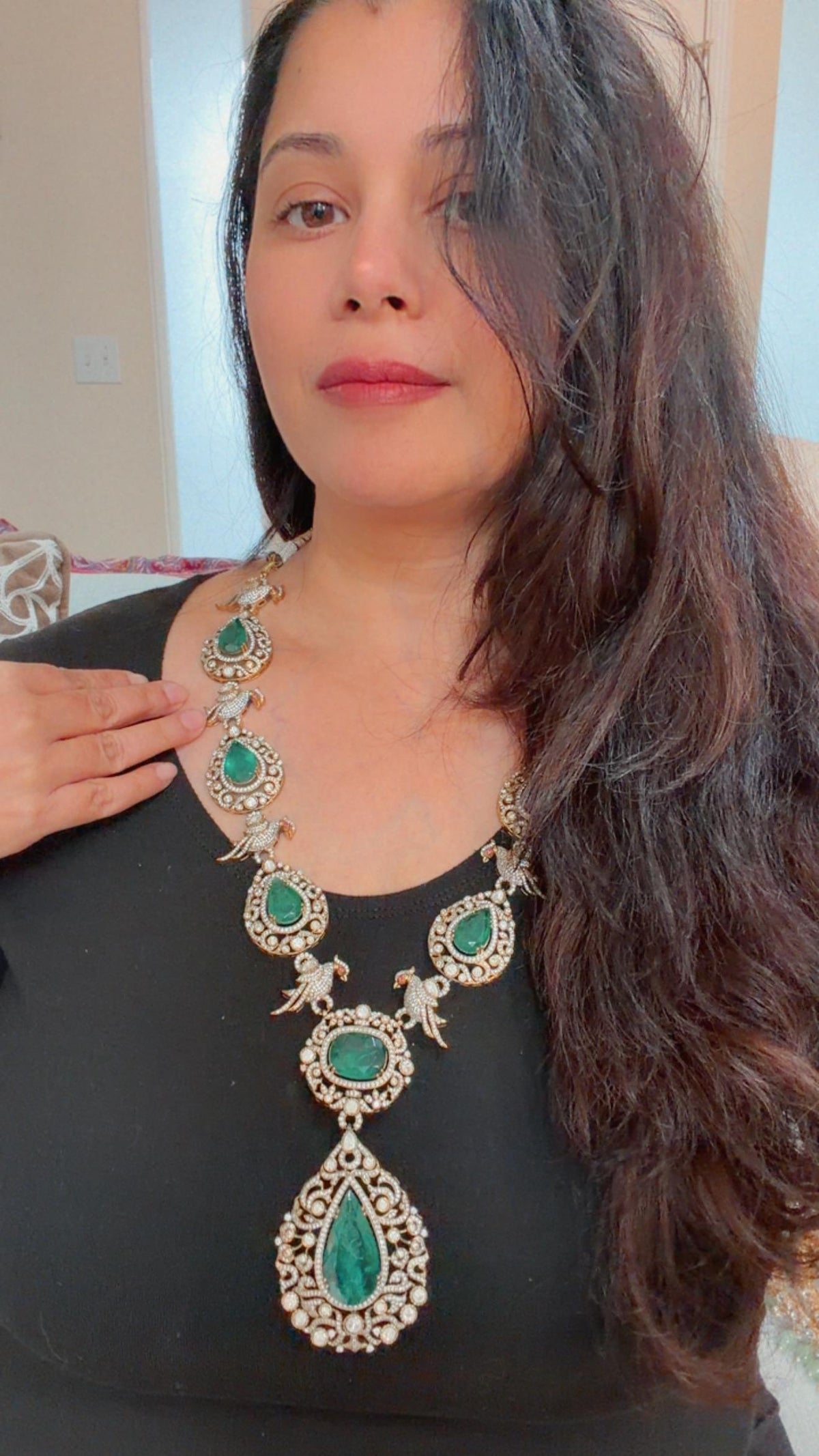 Semi Precious stones, emeralds, Polki: Antique Gold polished with American Diamonds necklace set