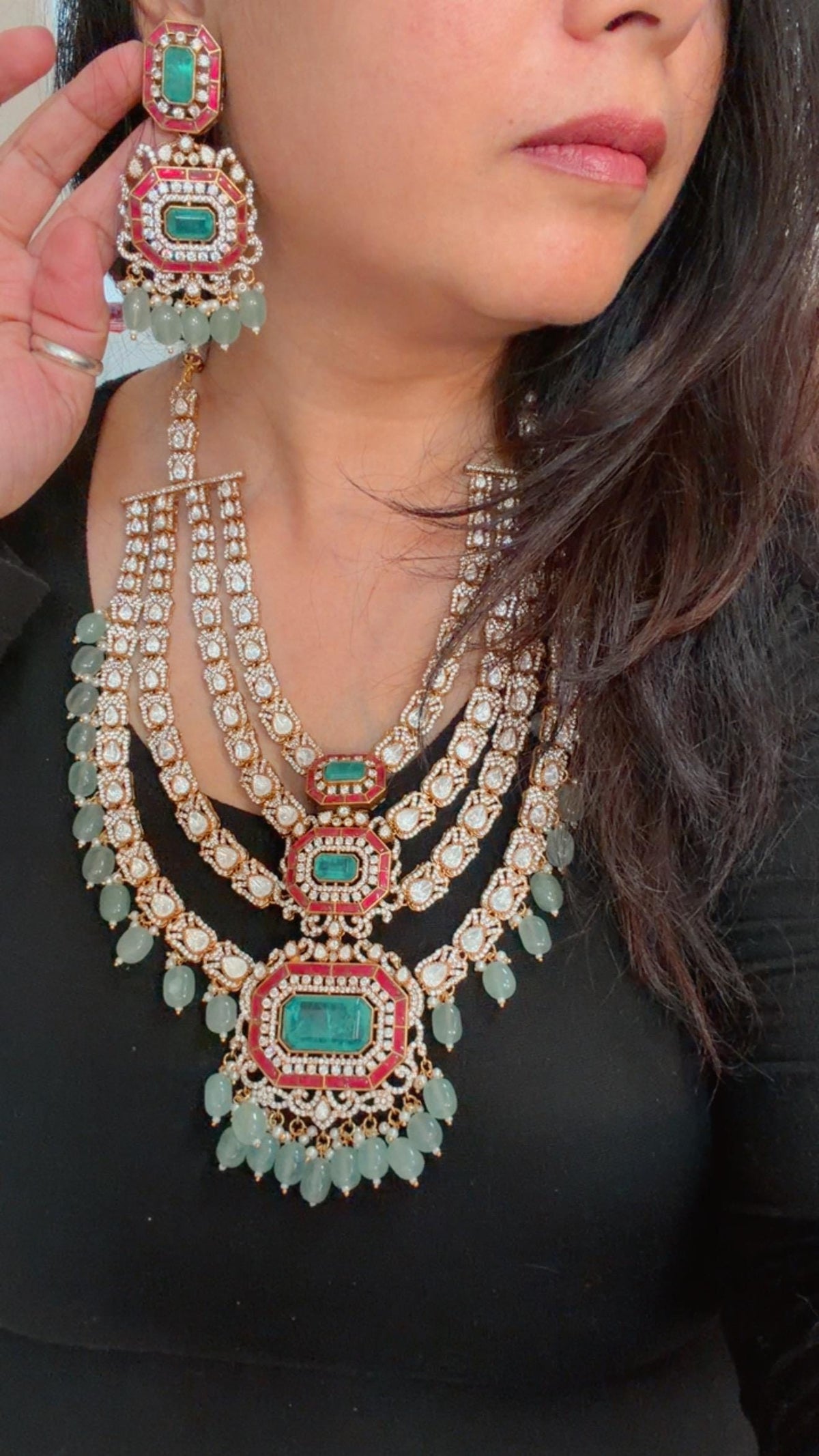 Gold Plated Brass Necklace: American Diamond & SemiPrecious stones, Sabyasachi Style