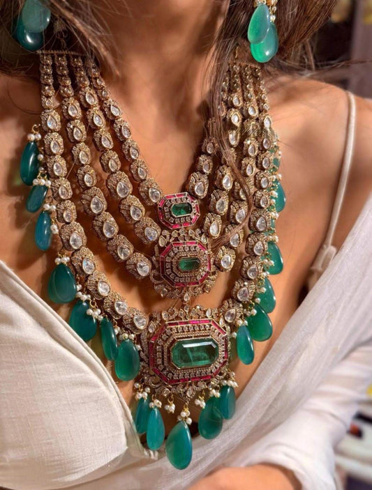 Gold Plated Brass Necklace: American Diamond & SemiPrecious stones, Sabyasachi Style