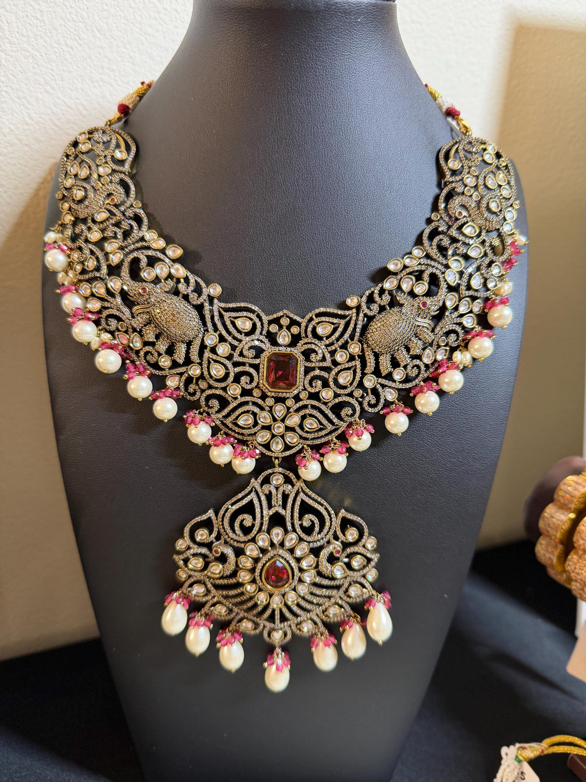 Victorian polished, Brass Necklace: American Diamond & Semi-Precious stones amrapali design handcrafted