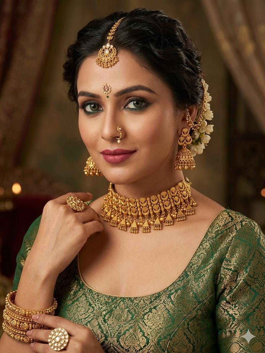 Handcrafted Antique Gold Choker Necklace Set, Temple Style, Real Gold Copy