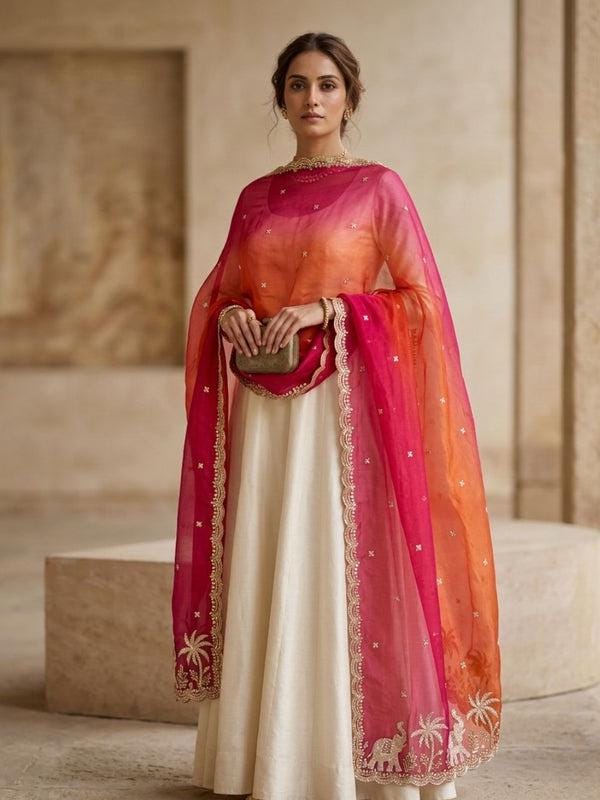 Elephant Embroidered Shaded Glass Tissue Dupatta stole/shawl