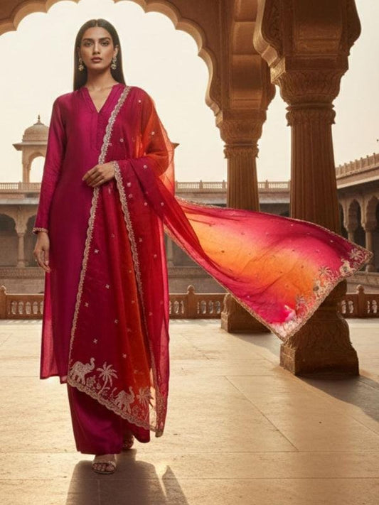 Elephant Embroidered Shaded Glass Tissue Dupatta stole/shawl