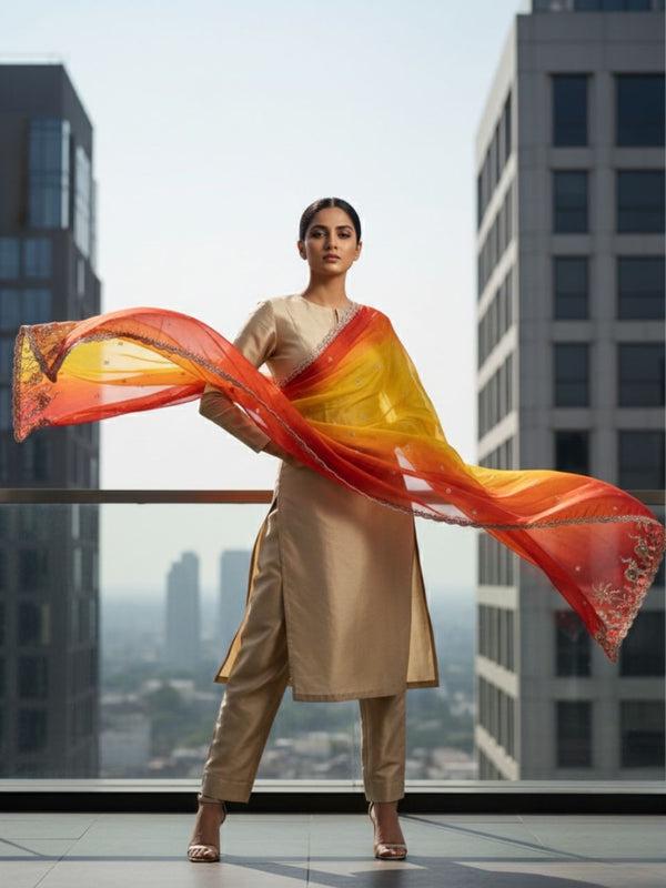 Elephant Embroidered Shaded Glass Tissue Dupatta stole/shawl