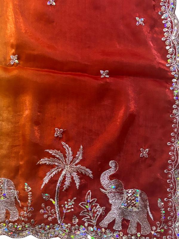 Elephant Embroidered Shaded Glass Tissue Dupatta stole/shawl