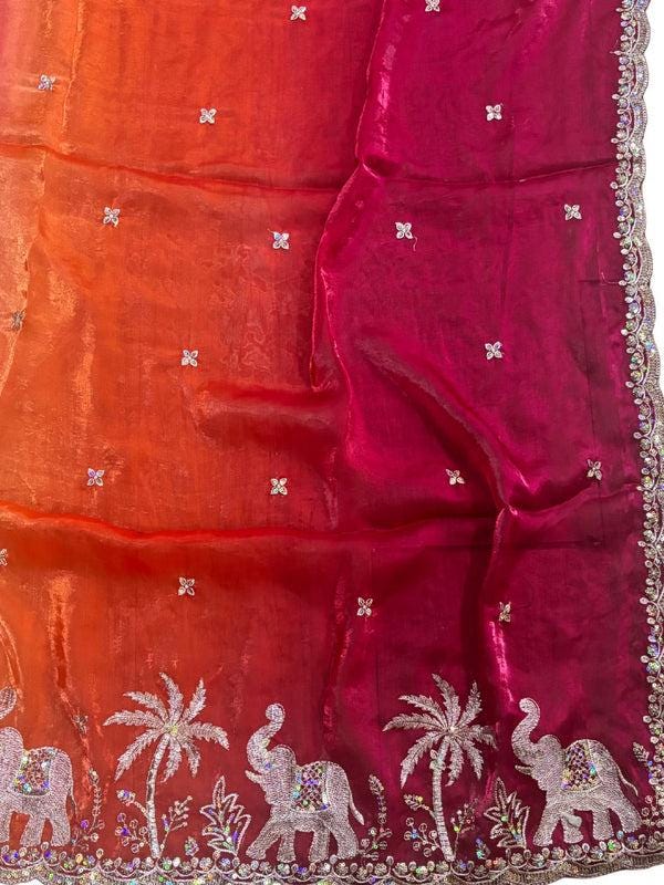 Elephant Embroidered Shaded Glass Tissue Dupatta stole/shawl