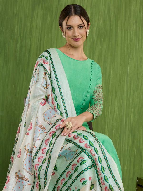 Ethnic Pichwai Printed Off-White & MultiAssam Silk Dupatta stole/shawl