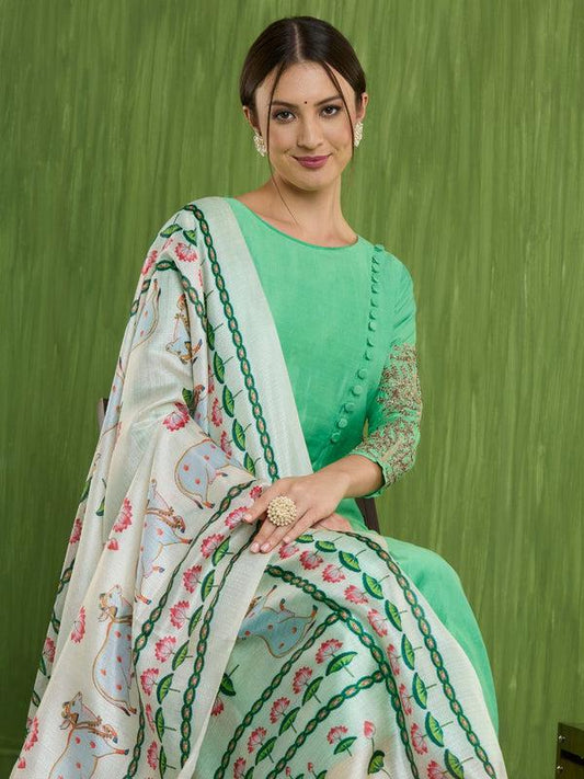 Ethnic Pichwai Printed Off-White & MultiAssam Silk Dupatta stole/shawl