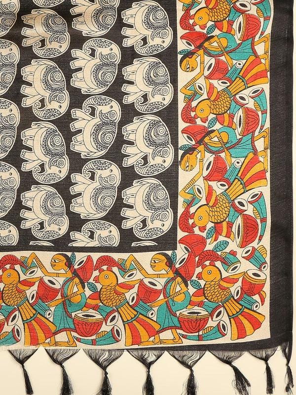 Ethnic Elephant Printed Black & Multi Art Silk Dupatta stole/shawl