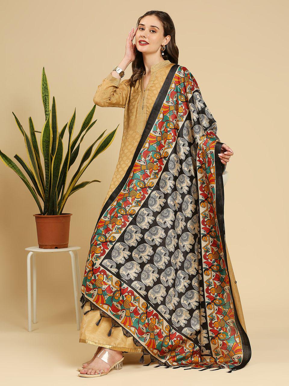 Ethnic Elephant Printed Black & Multi Art Silk Dupatta stole/shawl