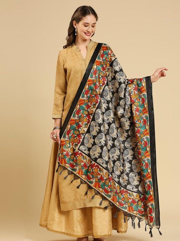 Ethnic Elephant Printed Black & Multi Art Silk Dupatta stole/shawl