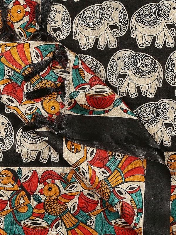 Ethnic Elephant Printed Black & Multi Art Silk Dupatta stole/shawl
