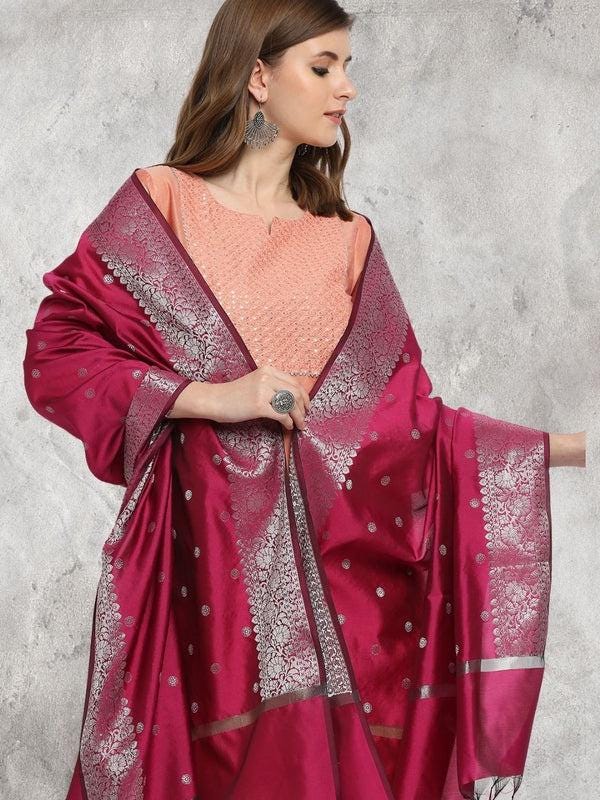 Banarasi Silk Dupatta with Silver Border Dupatta/shawl/stole