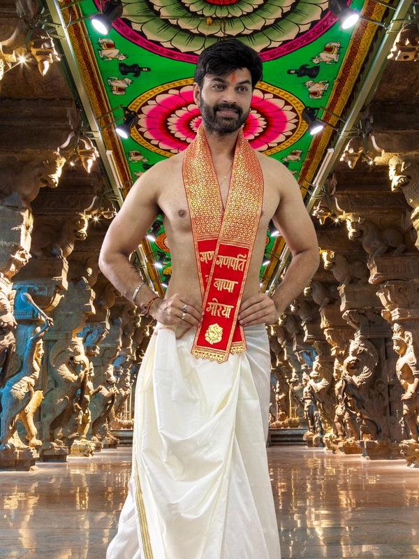 Ganpati Bappa Morya Stole in Red and Gold Men Women