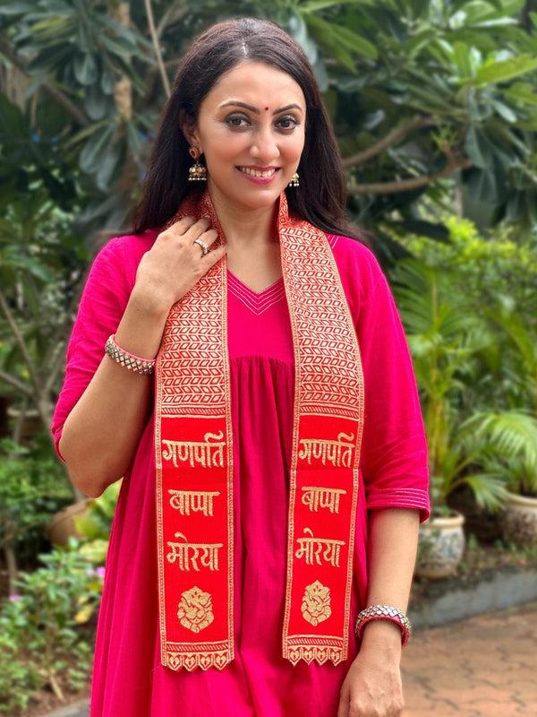 Ganpati Bappa Morya Stole in Red and Gold Men Women