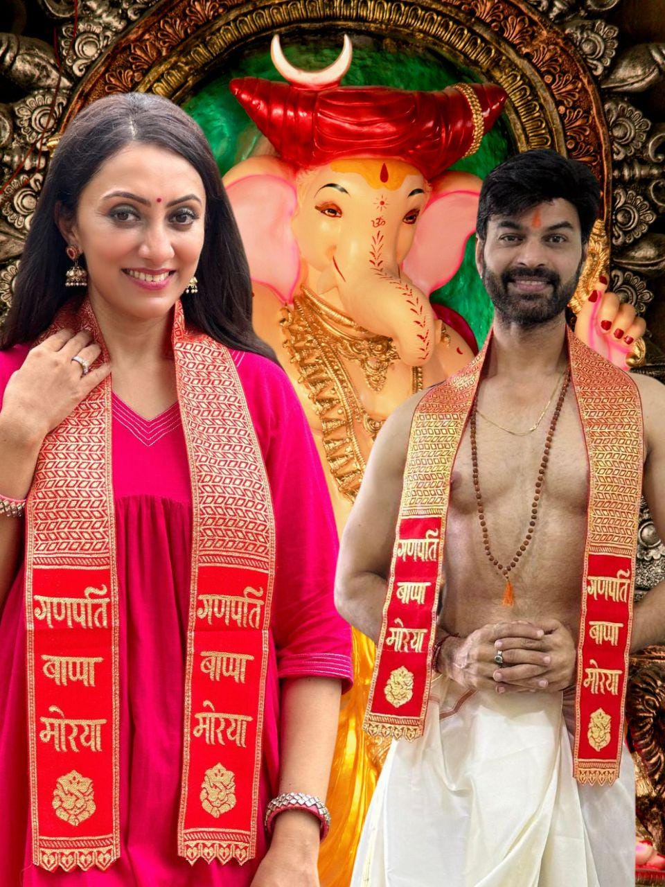 Ganpati Bappa Morya Stole in Red and Gold Men Women