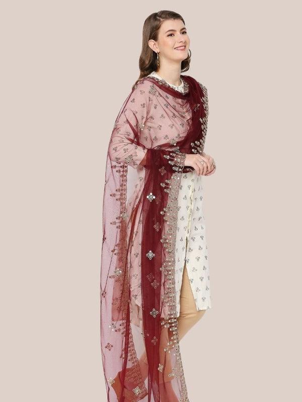 Gold Embroidered & Embellished Net Dupatta Burgundy