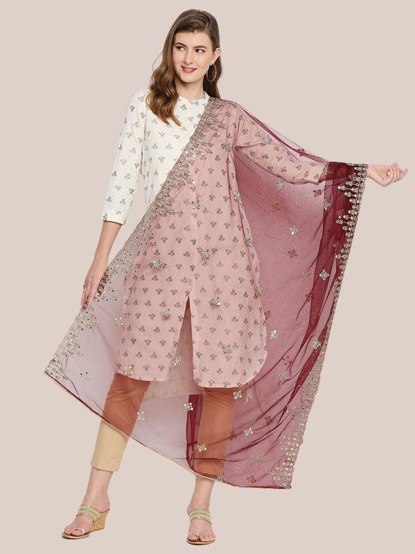 Gold Embroidered & Embellished Net Dupatta Burgundy
