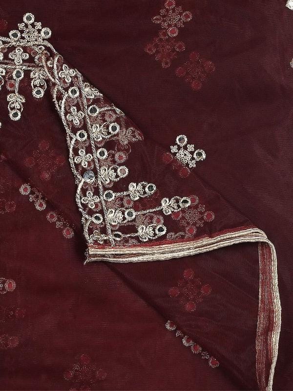 Gold Embroidered & Embellished Net Dupatta Burgundy