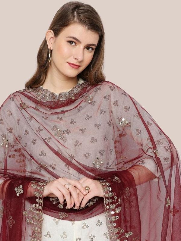 Gold Embroidered & Embellished Net Dupatta Burgundy
