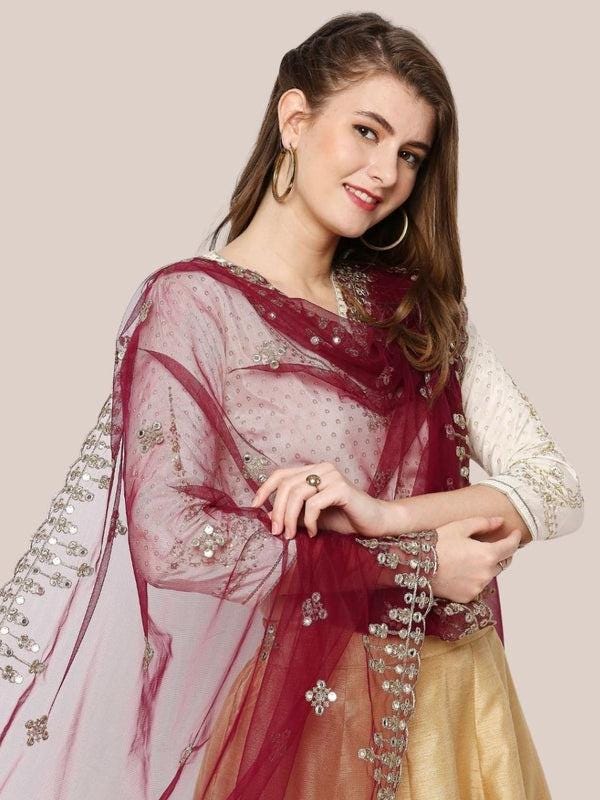Gold Embroidered & Embellished Net Dupatta Burgundy