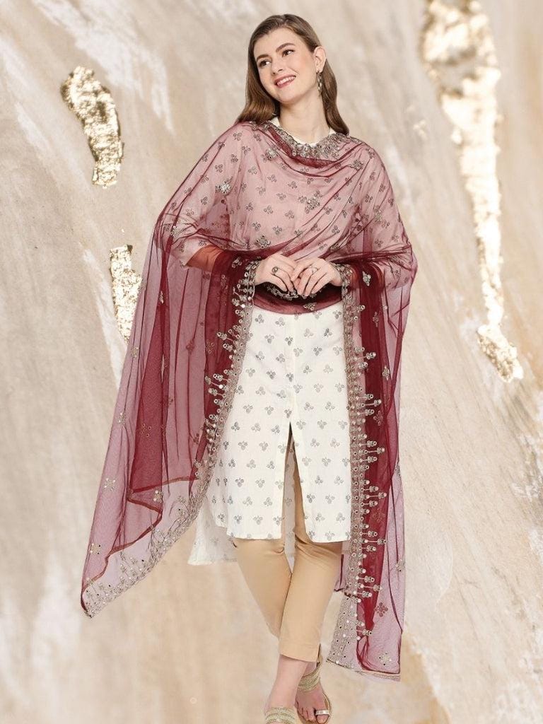 Gold Embroidered & Embellished Net Dupatta Burgundy