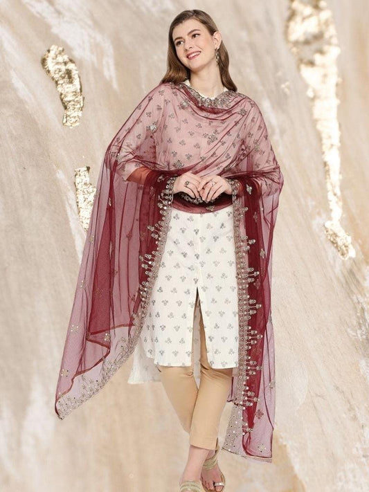 Gold Embroidered & Embellished Net Dupatta Burgundy