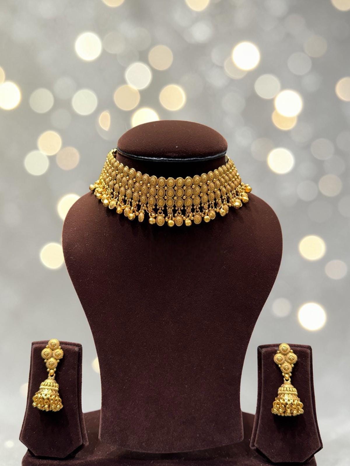 Handcrafted Antique Gold Choker Necklace Set, Temple Style, Real Gold Copy