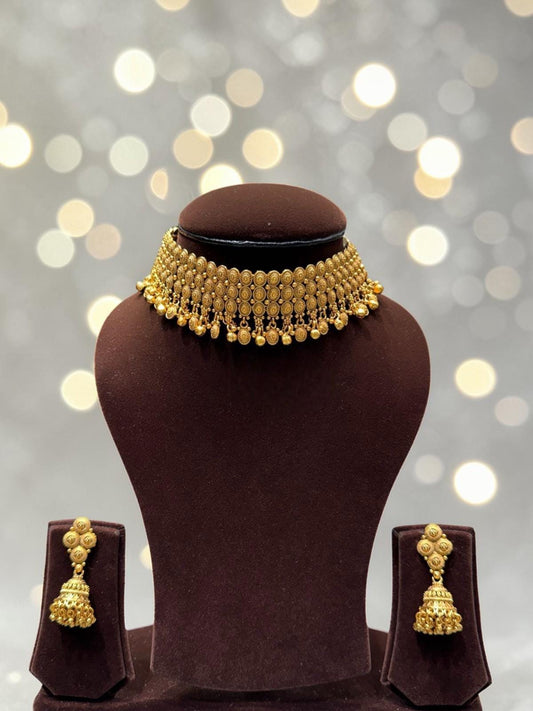 Handcrafted Antique Gold Choker Necklace Set, Temple Style, Real Gold Copy