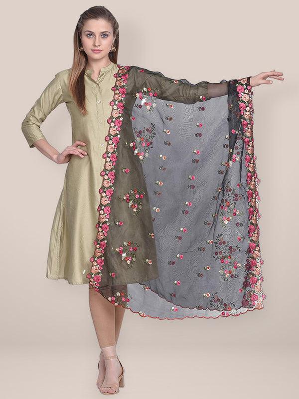 Organza Dupatta with Multicolor Floral Embroidery stole/shawl