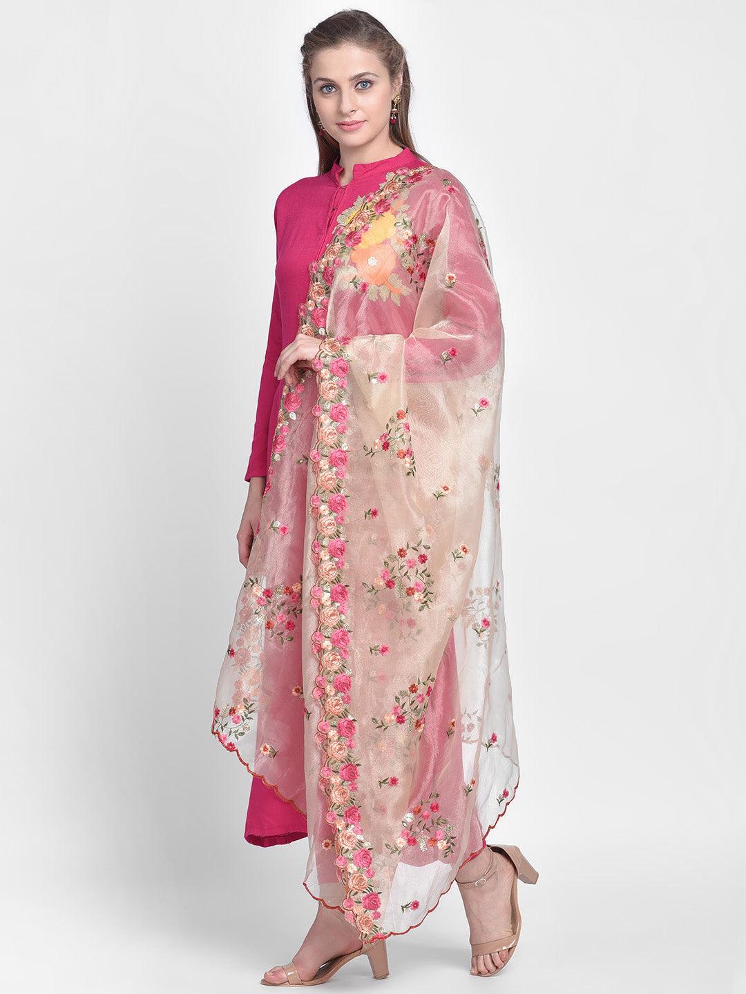Organza Dupatta with Multicolor Floral Embroidery stole/shawl