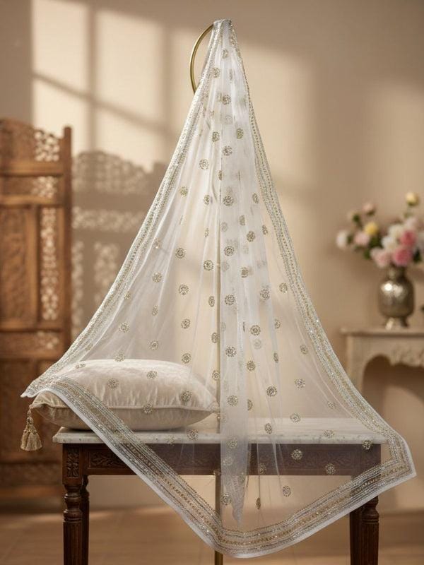 Sequinned & Embellished Salma Sitara White Organza Dupatta
